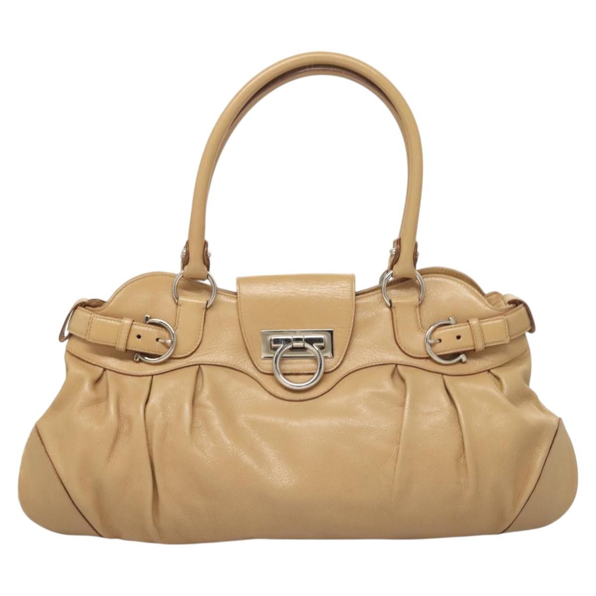 Salvatore Ferragamo Salvatore Ferragamo Gancini Hand Bag Leather Beige Silver Authentic 126621