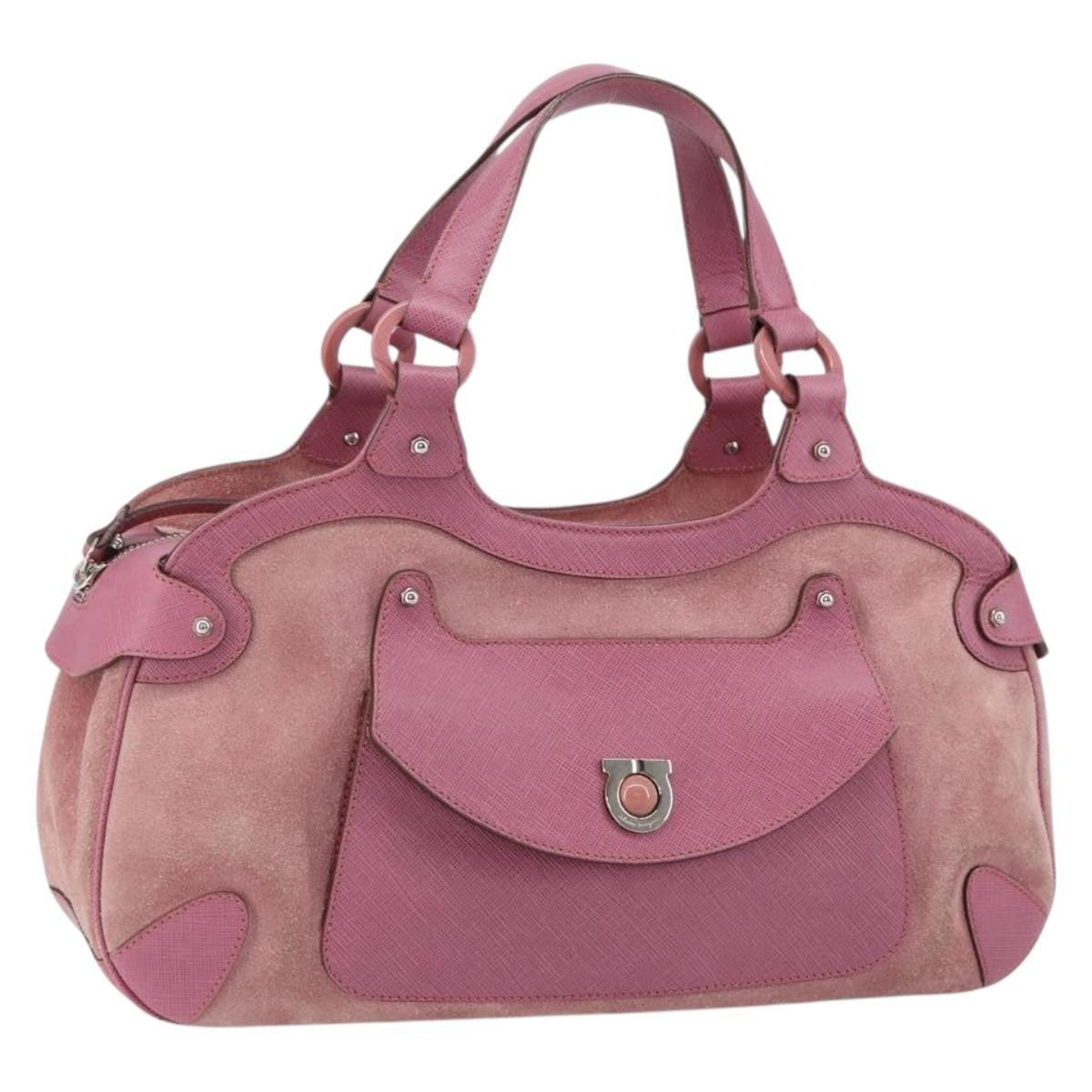 Salvatore Ferragamo Salvatore Ferragamo Gancini Hand Bag Suede Leather Pink Silver Authentic bs30801