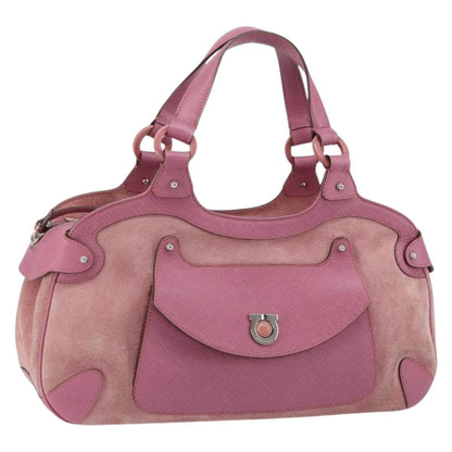 Salvatore Ferragamo Salvatore Ferragamo Gancini Hand Bag Suede Leather Pink Silver Authentic bs30801