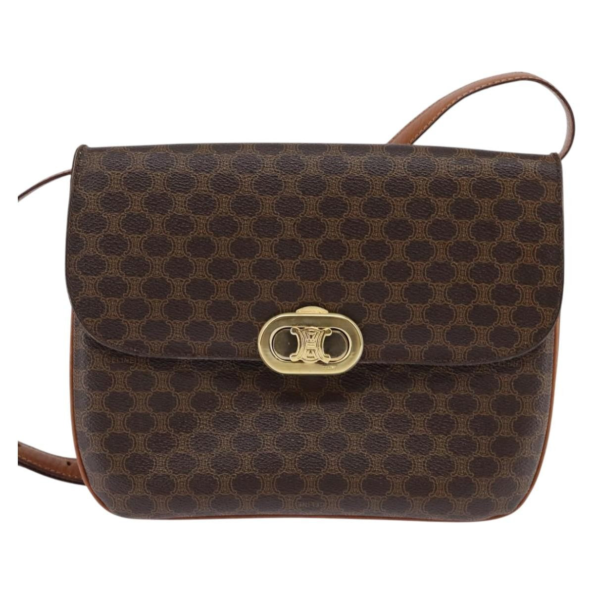 Celine CELINE Macadam Canvas Shoulder Bag PVC Leather Brown Gold Authentic 128916