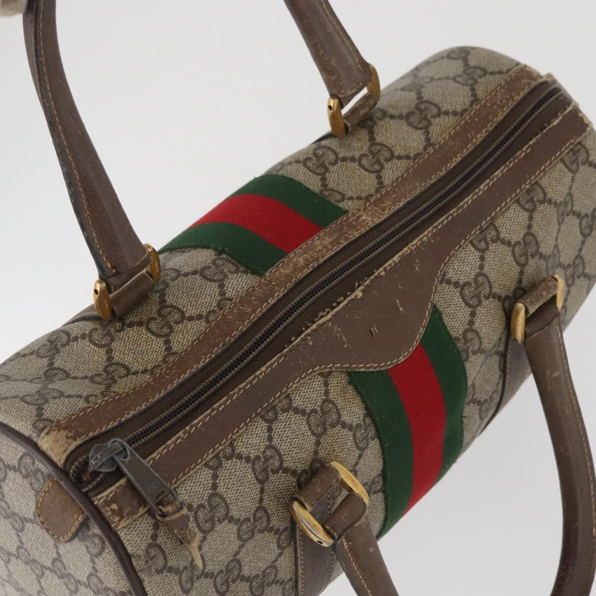 Gucci GUCCI GG Supreme Web Sherry Line Boston Bag PVC Beige Gold 40 02 006 Authentic BAZ556