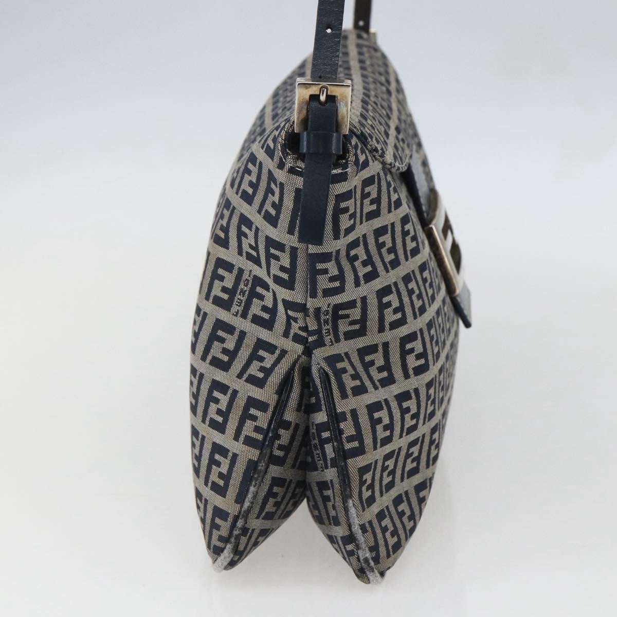 Fendi FENDI Zucchino Canvas Shoulder Bag Navy Silver Authentic 159737