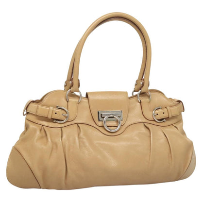 Salvatore Ferragamo Salvatore Ferragamo Gancini Hand Bag Leather Beige Silver Authentic 126621
