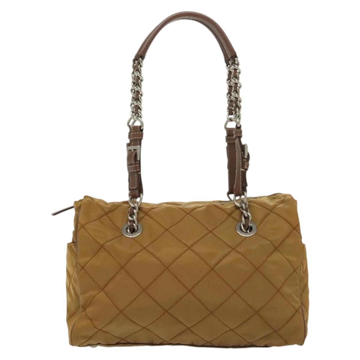 Prada PRADA Chain Shoulder Bag Nylon Beige Silver Authentic 140091