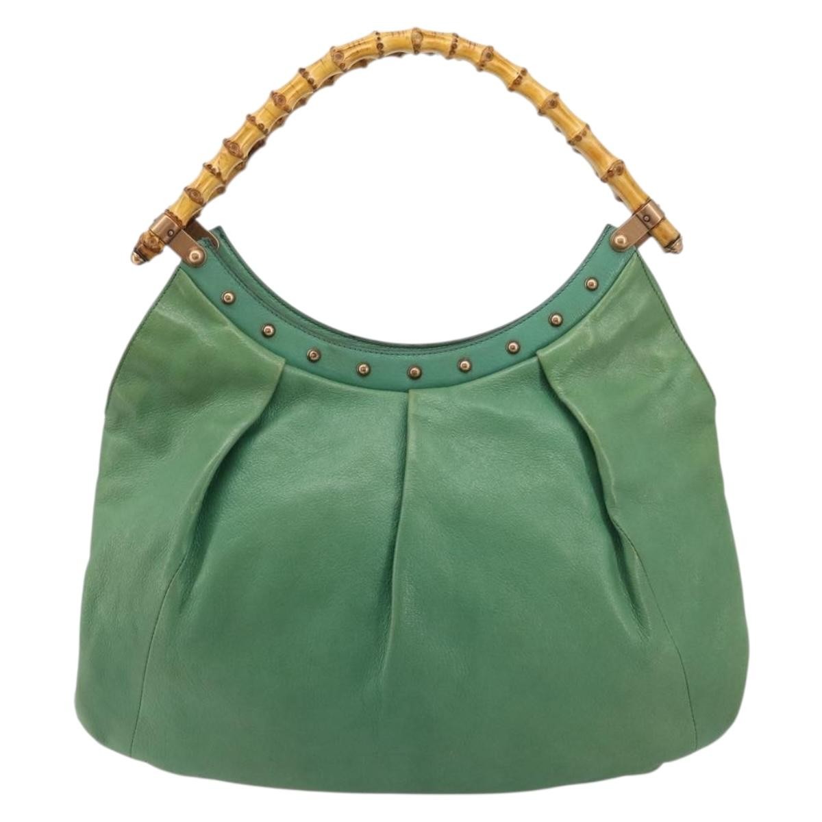 Gucci GUCCI Bamboo Shoulder Bag Leather Green Gold 124293 Authentic 180305A