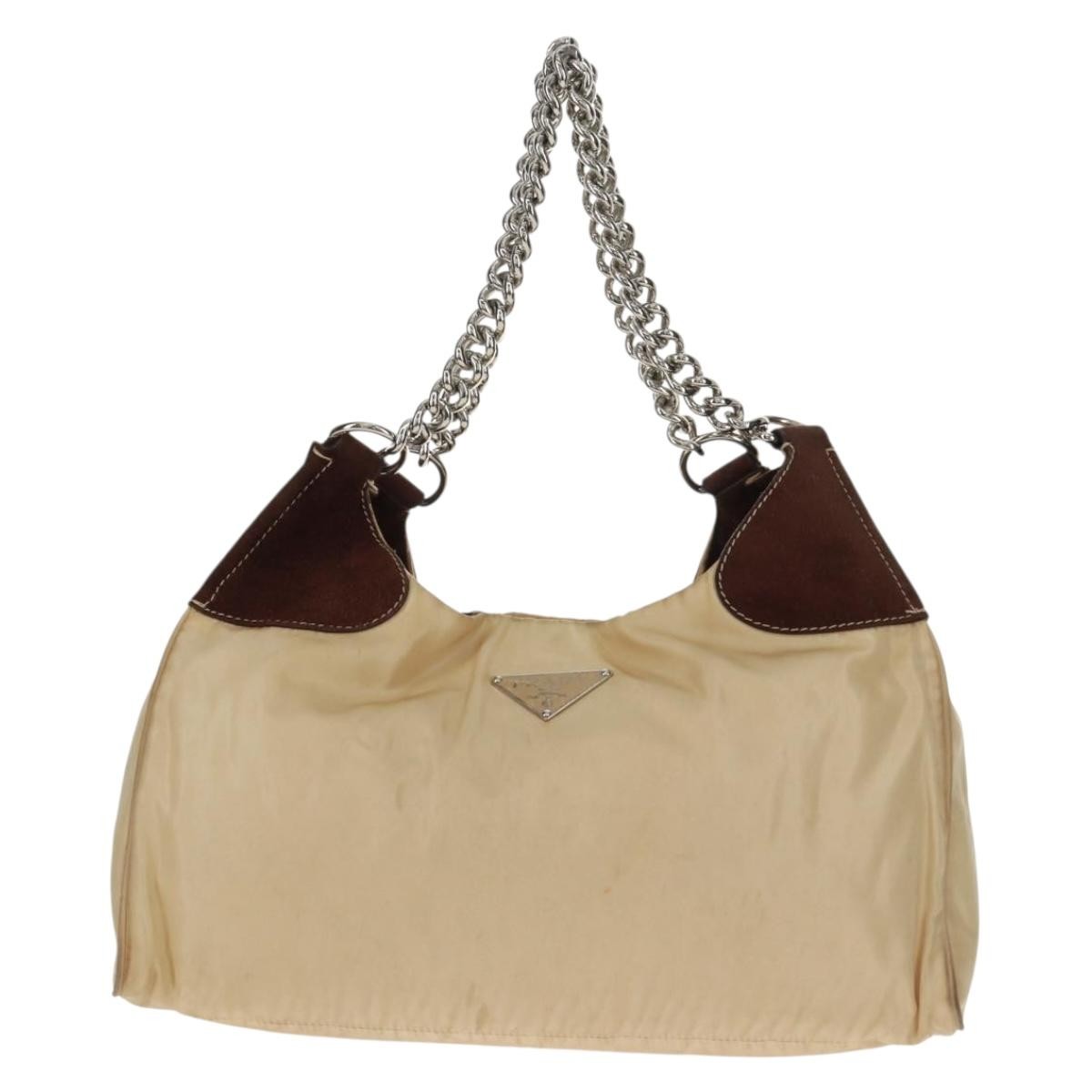Prada PRADA Chain Shoulder Bag Nylon Beige Silver Authentic 160872