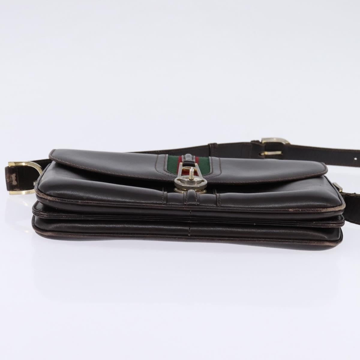 Gucci GUCCI Web Sherry Line Shoulder Bag Leather Dark Brown Gold Red Authentic ep11429