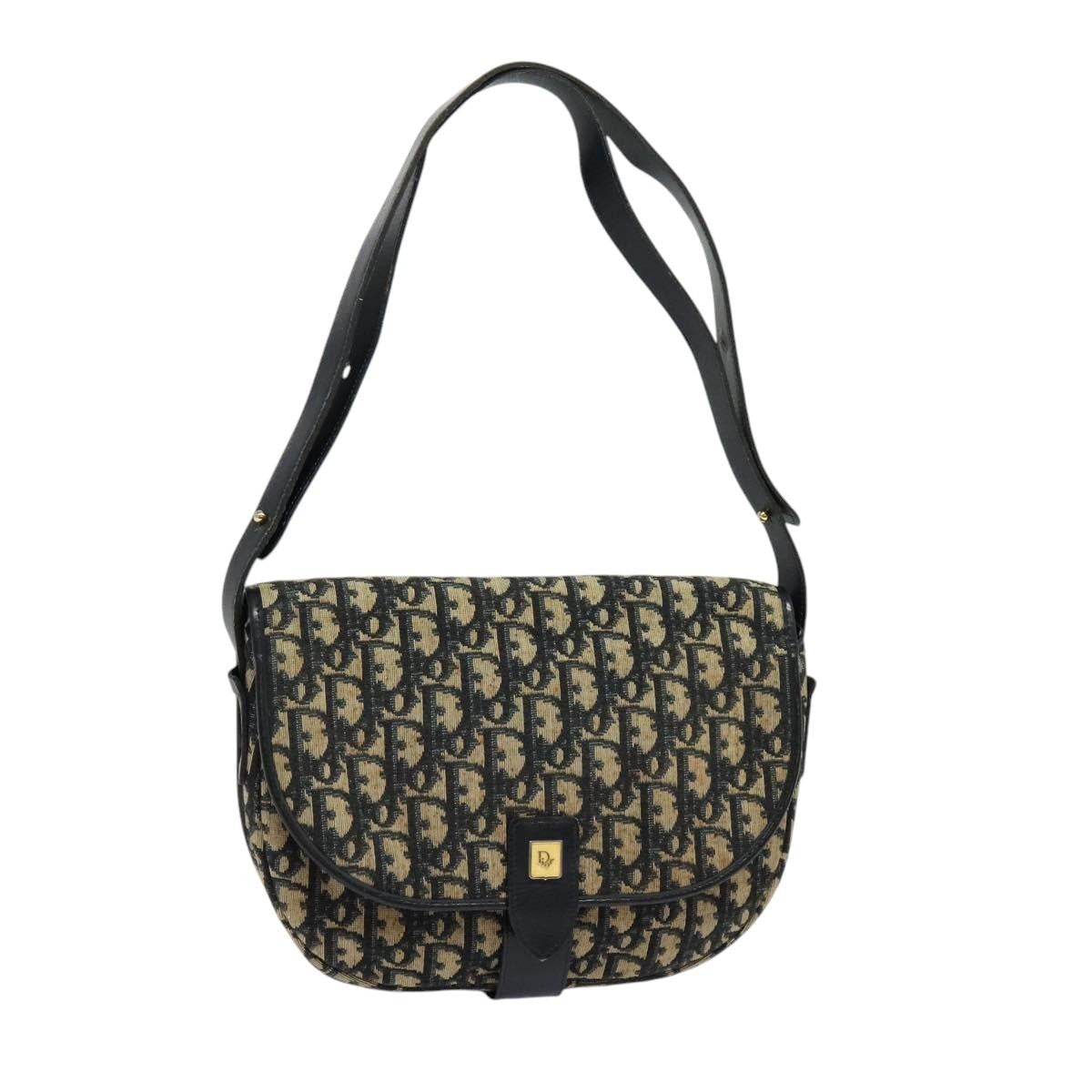 Dior Christian Dior Trotter Canvas Shoulder Bag Navy Gold Authentic BD2178