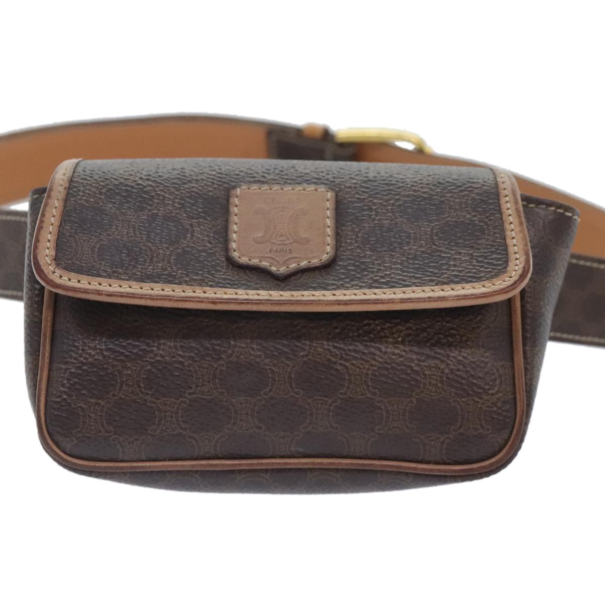 Celine CELINE Macadam Canvas Waist bag PVC Leather Brown Gold Authentic yk15121