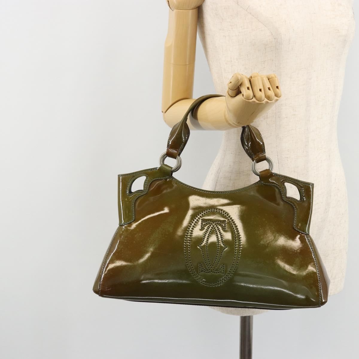 Cartier CARTIER Marcello Hand Bag Patent leather Green Silver Authentic bs34215