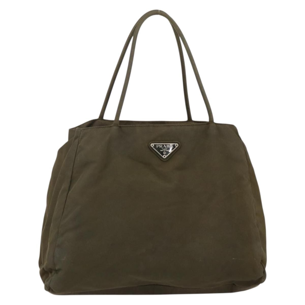 Prada PRADA Hand Bag Nylon Khaki Silver Authentic 175337