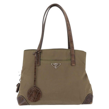 Prada PRADA Hand Bag Nylon Khaki Silver Authentic 173838