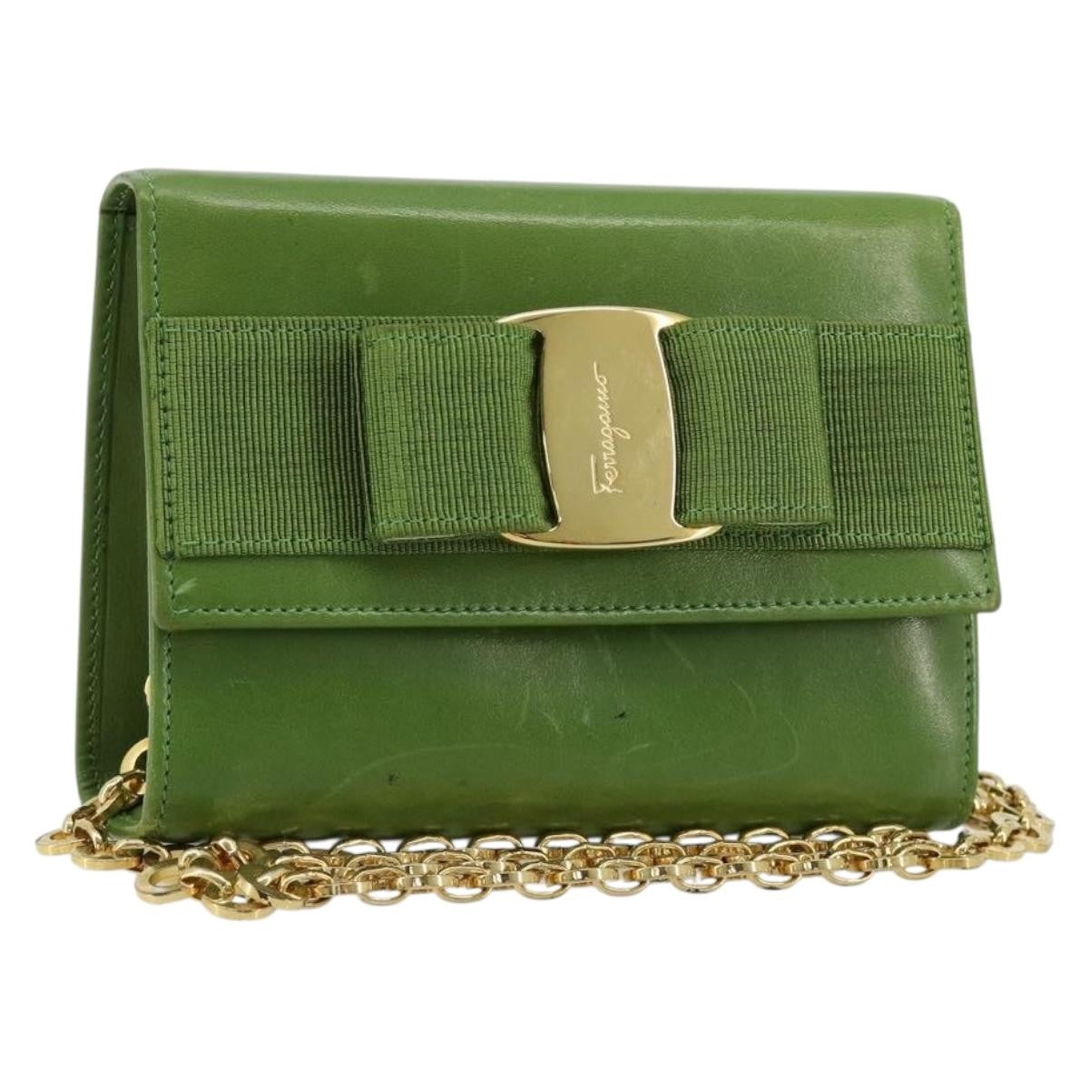 Salvatore Ferragamo Salvatore Ferragamo Vara Ribbon Chain Bag Leather Green Gold Authentic BA12890