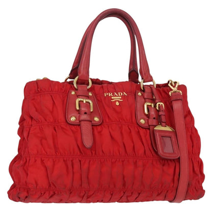 Prada PRADA Hand Bag Nylon Leather 2way Red Gold Authentic 155077
