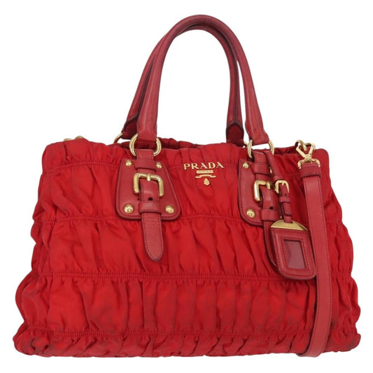 Prada PRADA Hand Bag Nylon Leather 2way Red Gold Authentic 155077