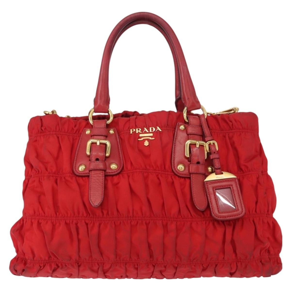 Prada PRADA Hand Bag Nylon Leather 2way Red Gold Authentic 155077
