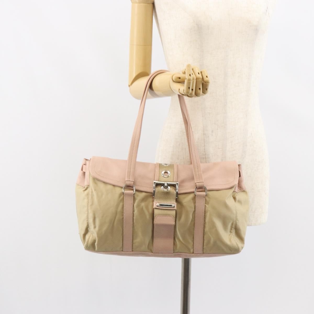 Prada PRADA Tote Bag Nylon Leather Beige Silver Authentic ep12684