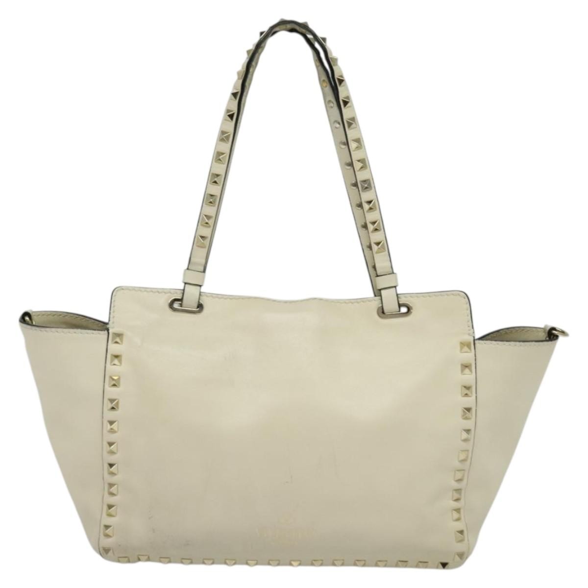 Valentino VALENTINO Studs Tote Bag Leather White Gold Authentic BA3903