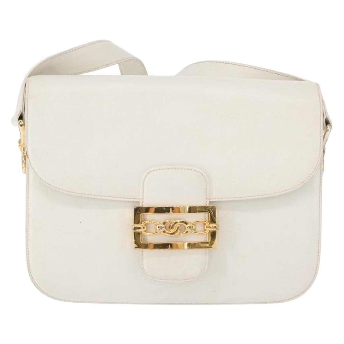 Celine CELINE Shoulder Bag Leather White Gold Authentic yk19773