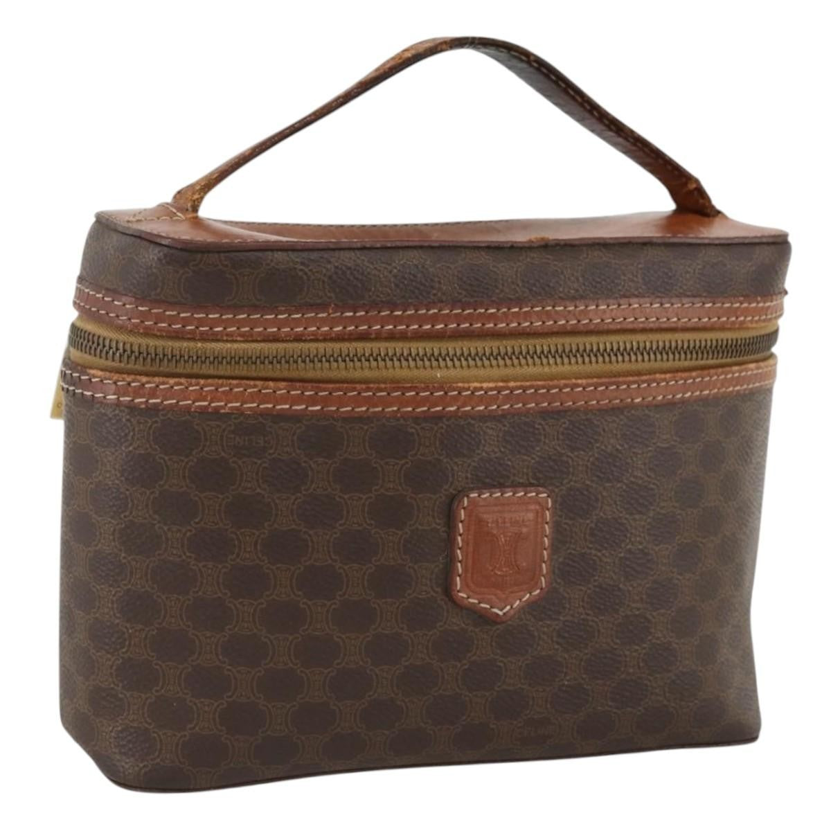 Celine CELINE Macadam Canvas Vanity Hand Bag PVC Leather Brown Gold Authentic ka2851