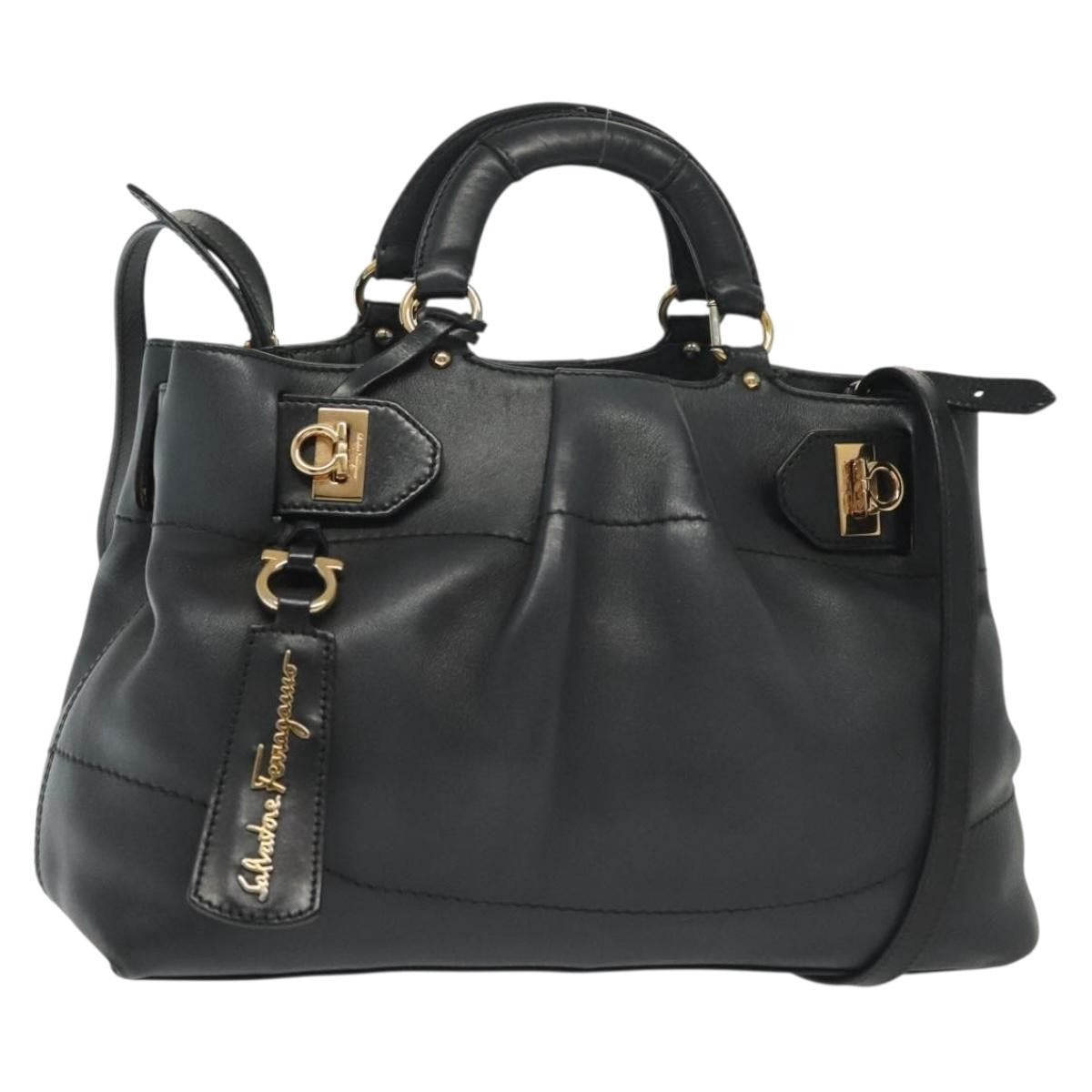 Salvatore Ferragamo Salvatore Ferragamo Gancini Hand Bag Leather 2way Navy Gold Authentic 141427