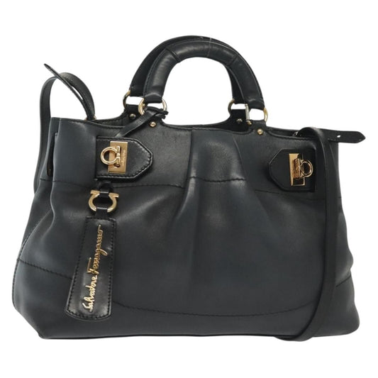 Salvatore Ferragamo Salvatore Ferragamo Gancini Hand Bag Leather 2way Navy Gold Authentic 141427