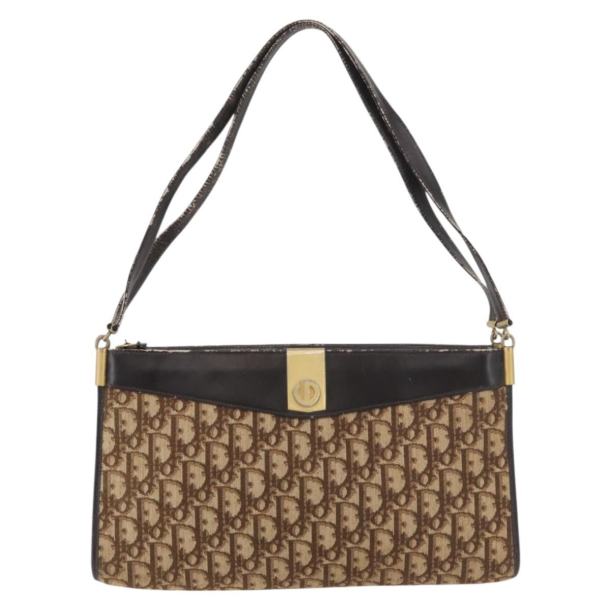 Dior Christian Dior Trotter Canvas Shoulder Bag Brown Gold Authentic 178153