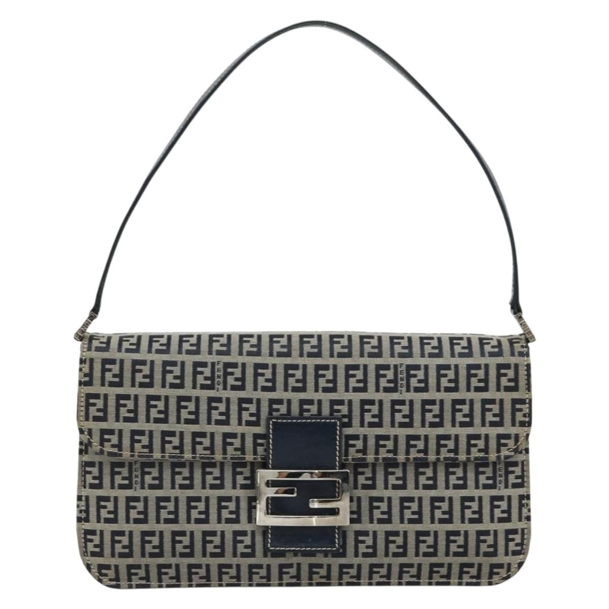 Fendi FENDI Zucchino Canvas Shoulder Bag Navy Silver Authentic 182201V