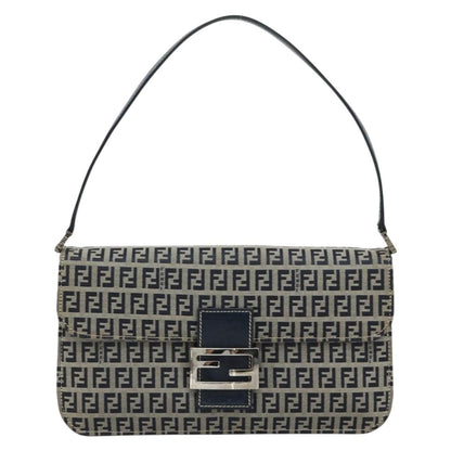 Fendi FENDI Zucchino Canvas Shoulder Bag Navy Silver Authentic 182201V