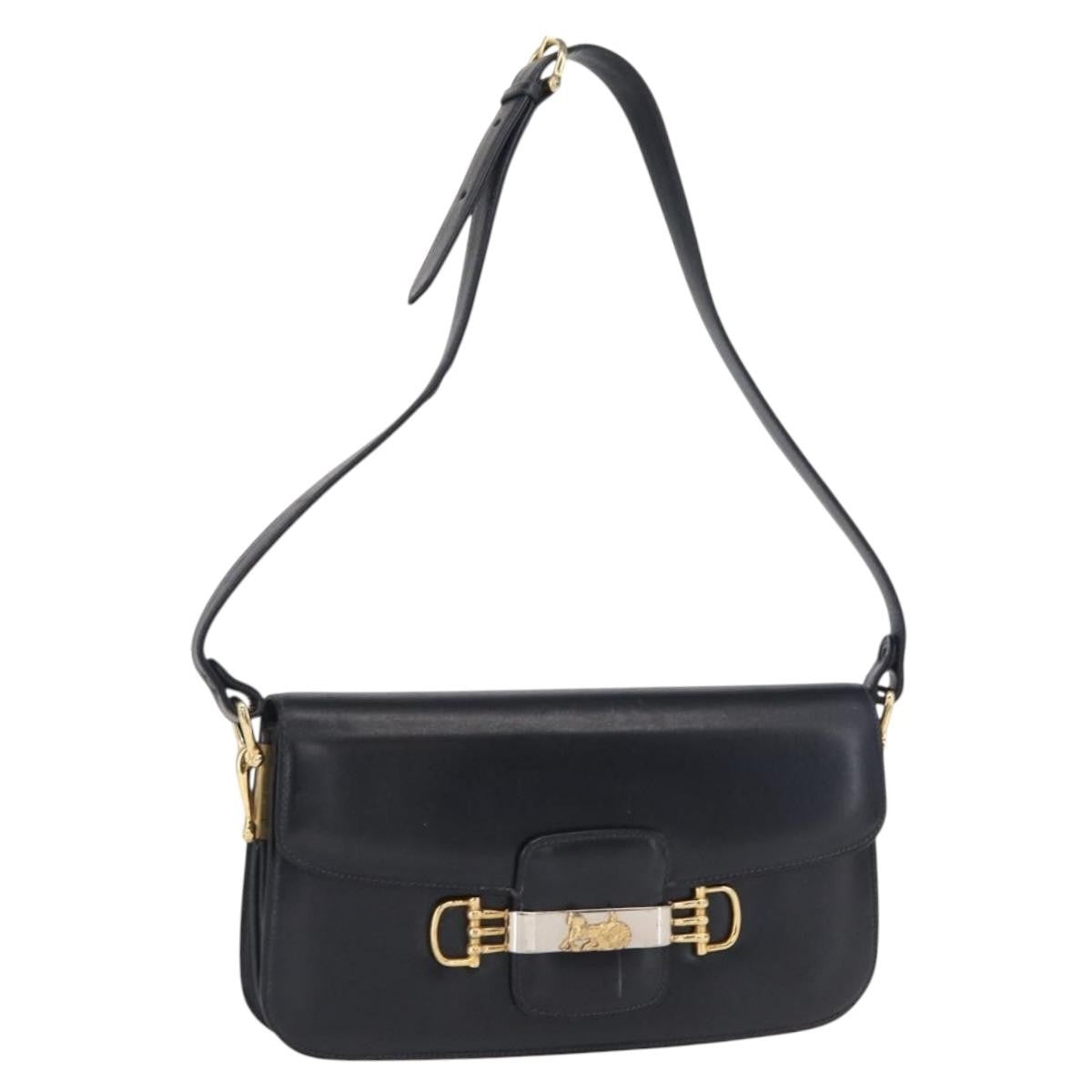 Celine CELINE Horse Carriage Shoulder Bag Leather Navy Gold Authentic 162409