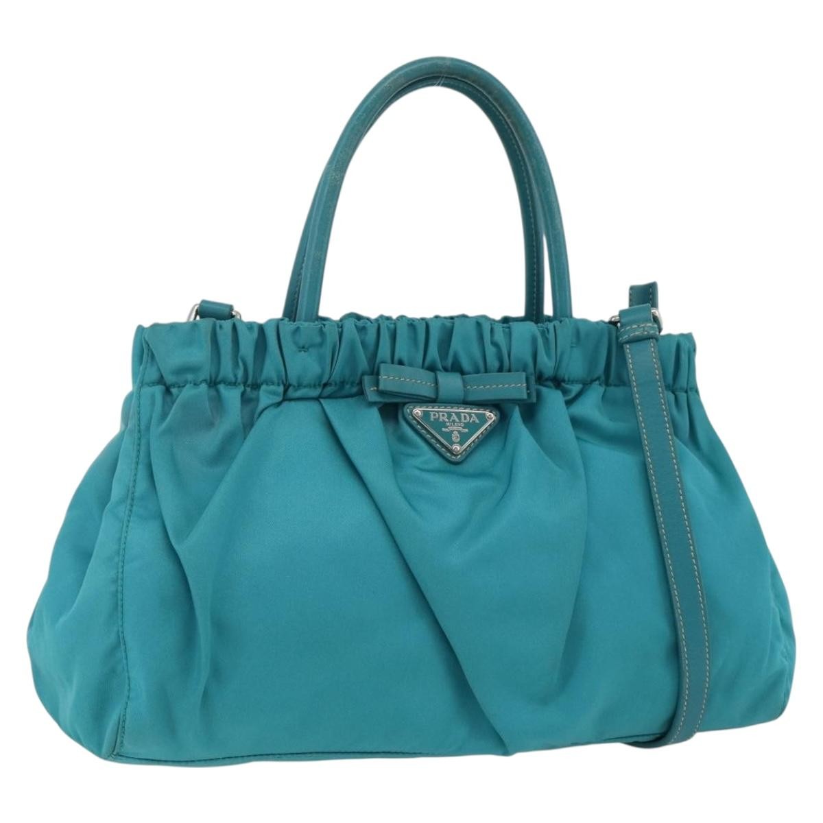 Prada PRADA Hand Bag Nylon 2way Turquoise Blue Silver Authentic gh1880A
