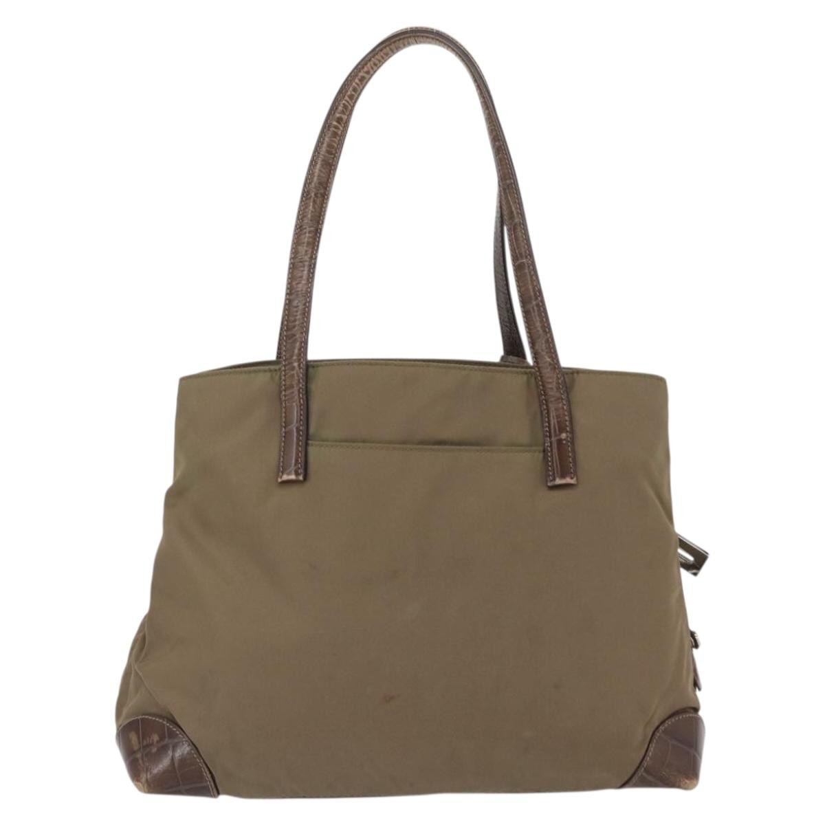 Prada PRADA Hand Bag Nylon Khaki Silver Authentic 173838