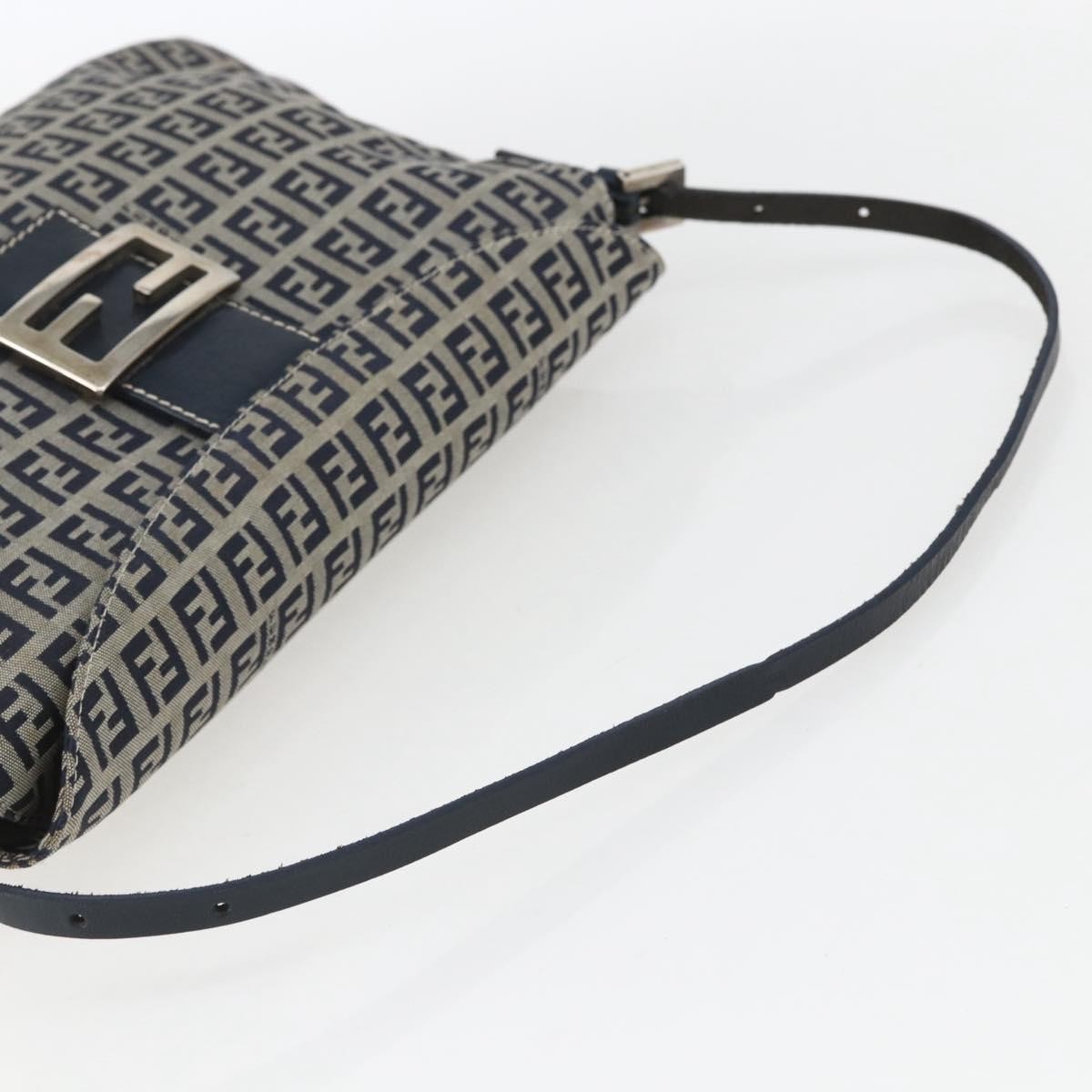 Fendi FENDI Zucchino Canvas Shoulder Bag Navy Silver Authentic 159737