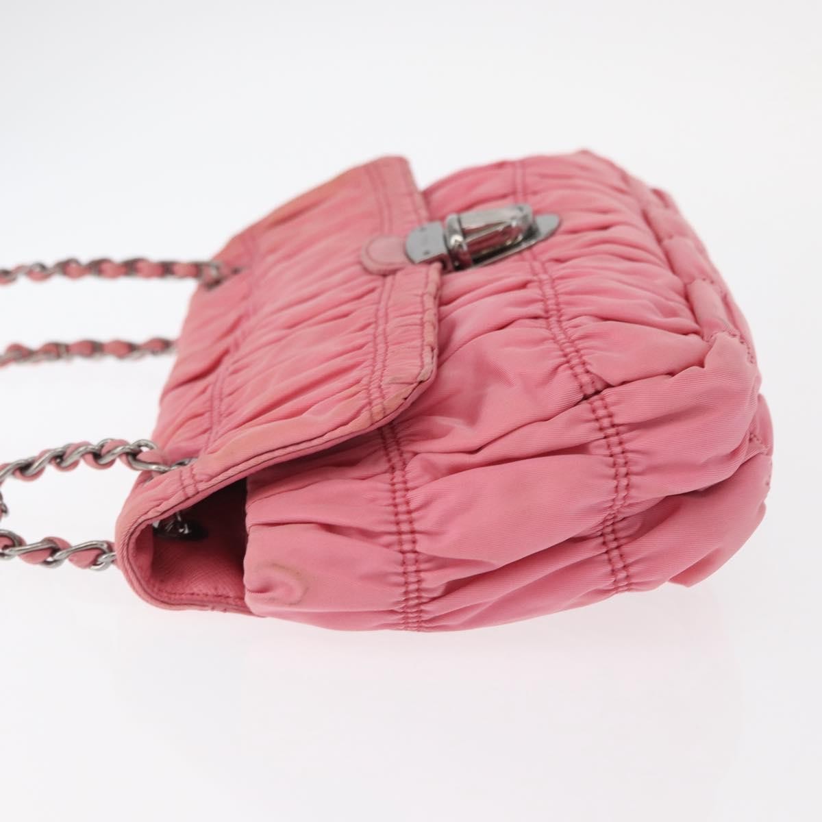 Prada PRADA Gathered Chain Shoulder Bag Nylon Pink Silver Authentic 161419
