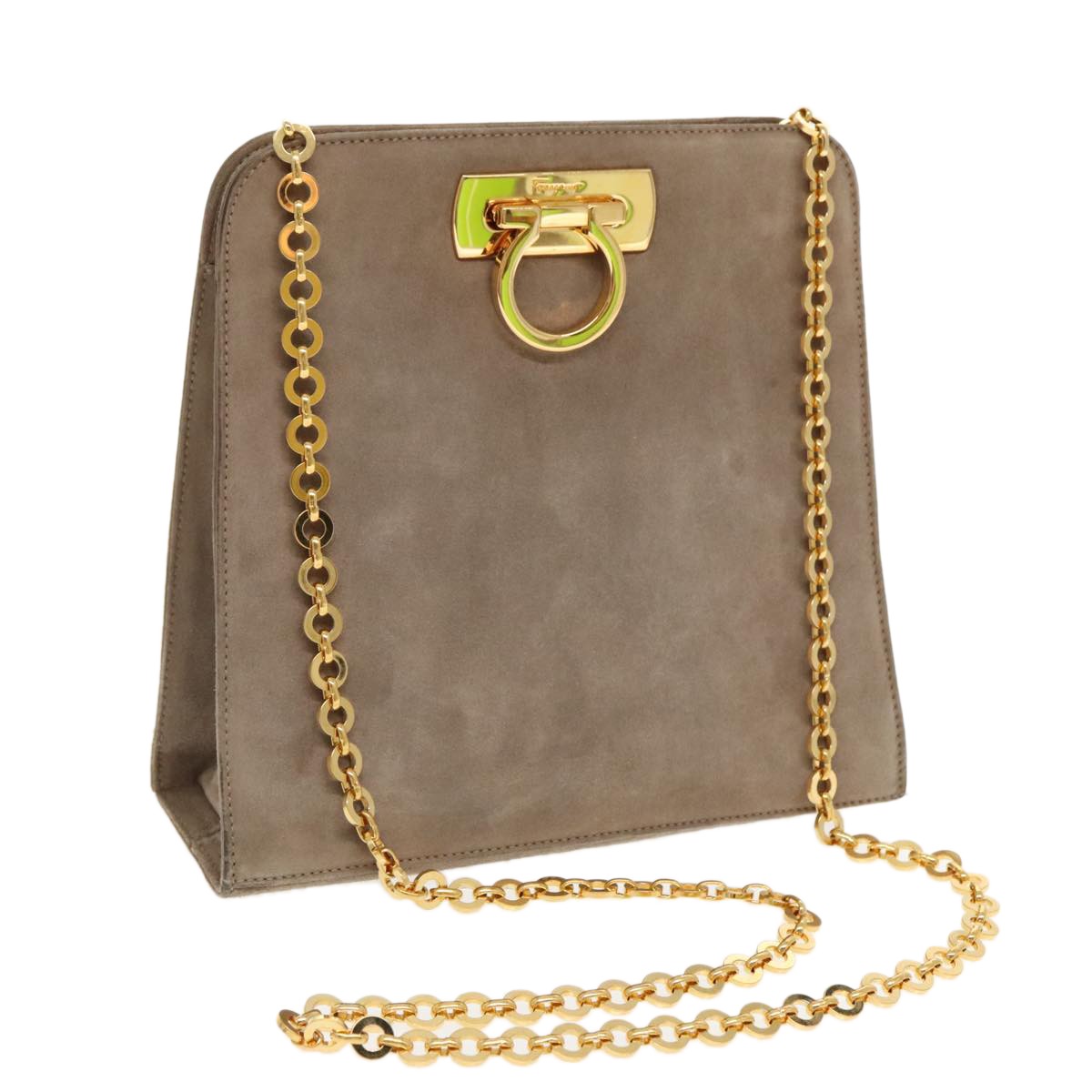 Salvatore Ferragamo Salvatore Ferragamo Gancini Chain Shoulder Bag Suede Gray Gold Authentic 96186
