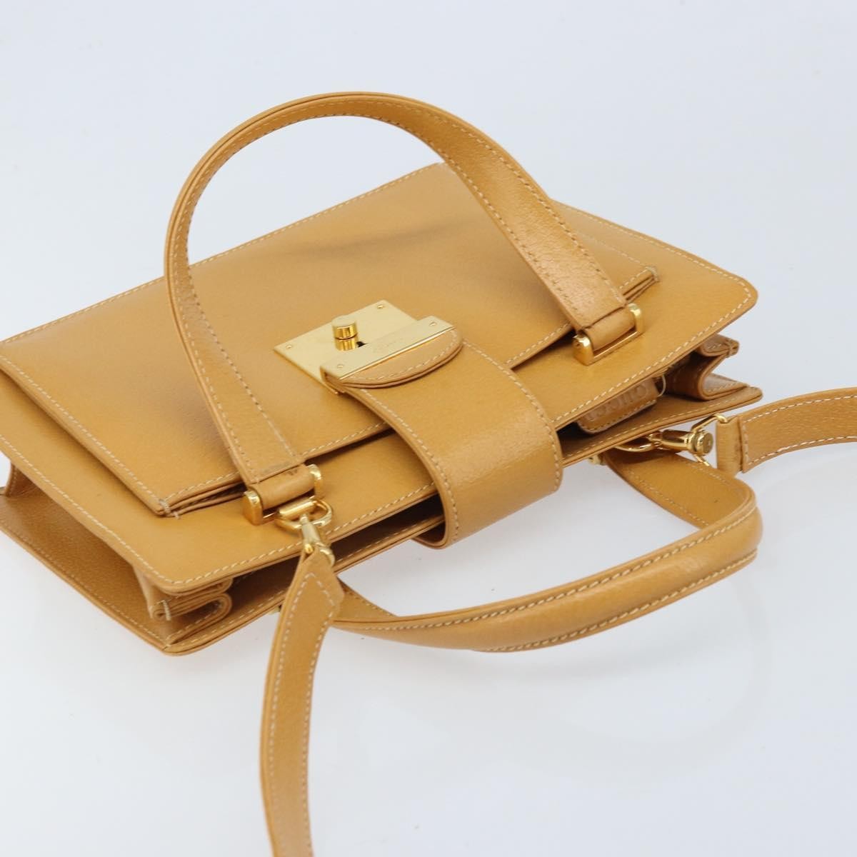 Gucci GUCCI Hand Bag Leather 2way Beige Gold Authentic 173886