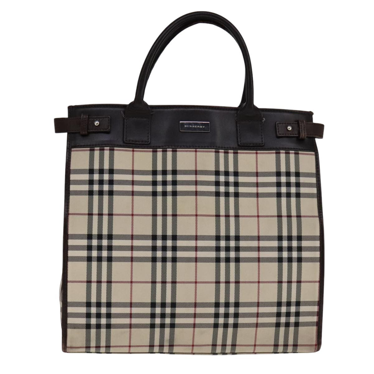 Burberry BURBERRY Nova Check Hand Bag Canvas Leather Beige Brown Silver Authentic 112330