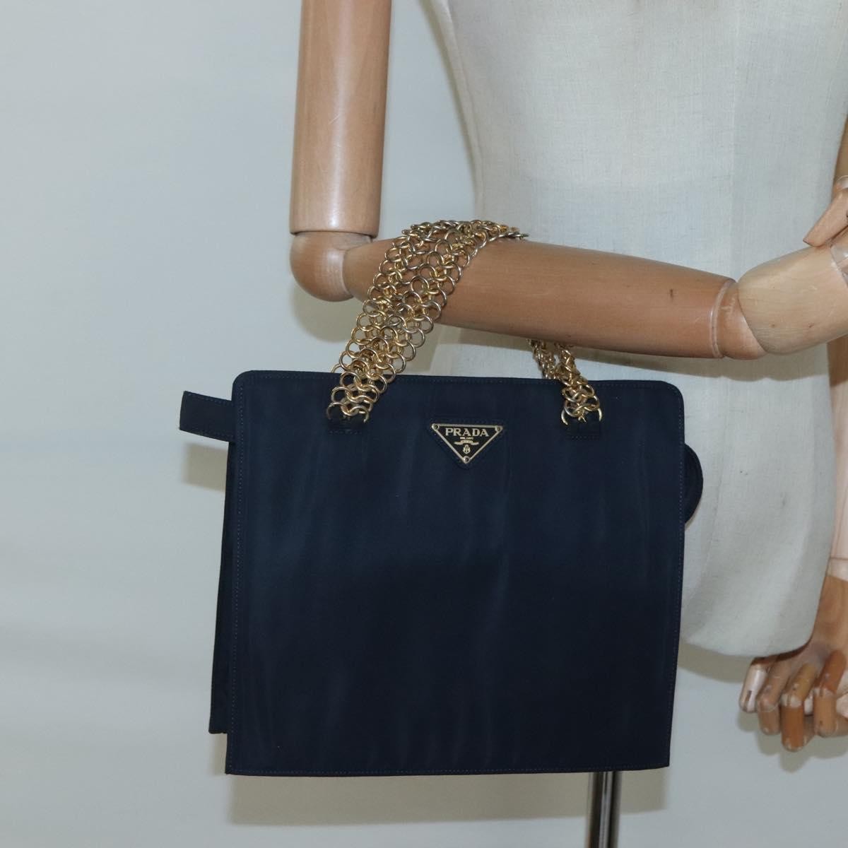 Prada PRADA Hand Bag Nylon Navy Gold Authentic 126301