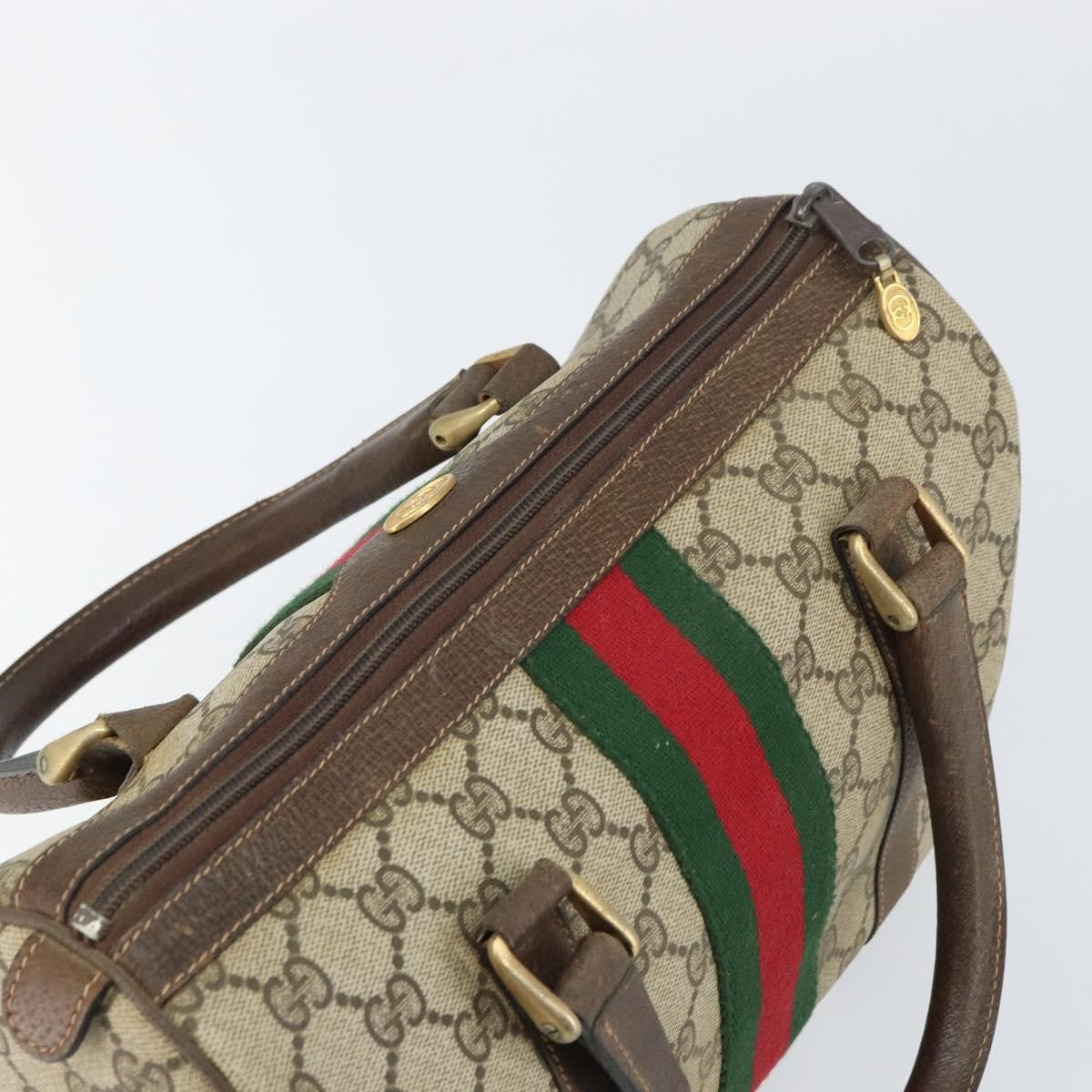Gucci GUCCI GG Supreme Web Sherry Line Boston Bag PVC Beige Gold 010 378 Authentic 159328