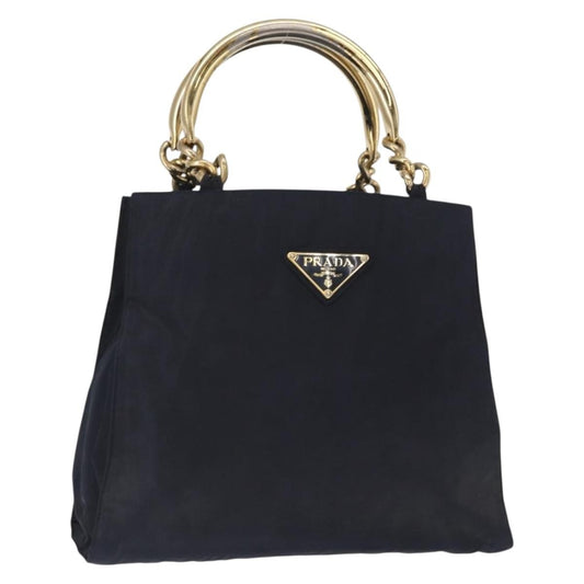 Prada PRADA Hand Bag Nylon Navy Gold Authentic 156119