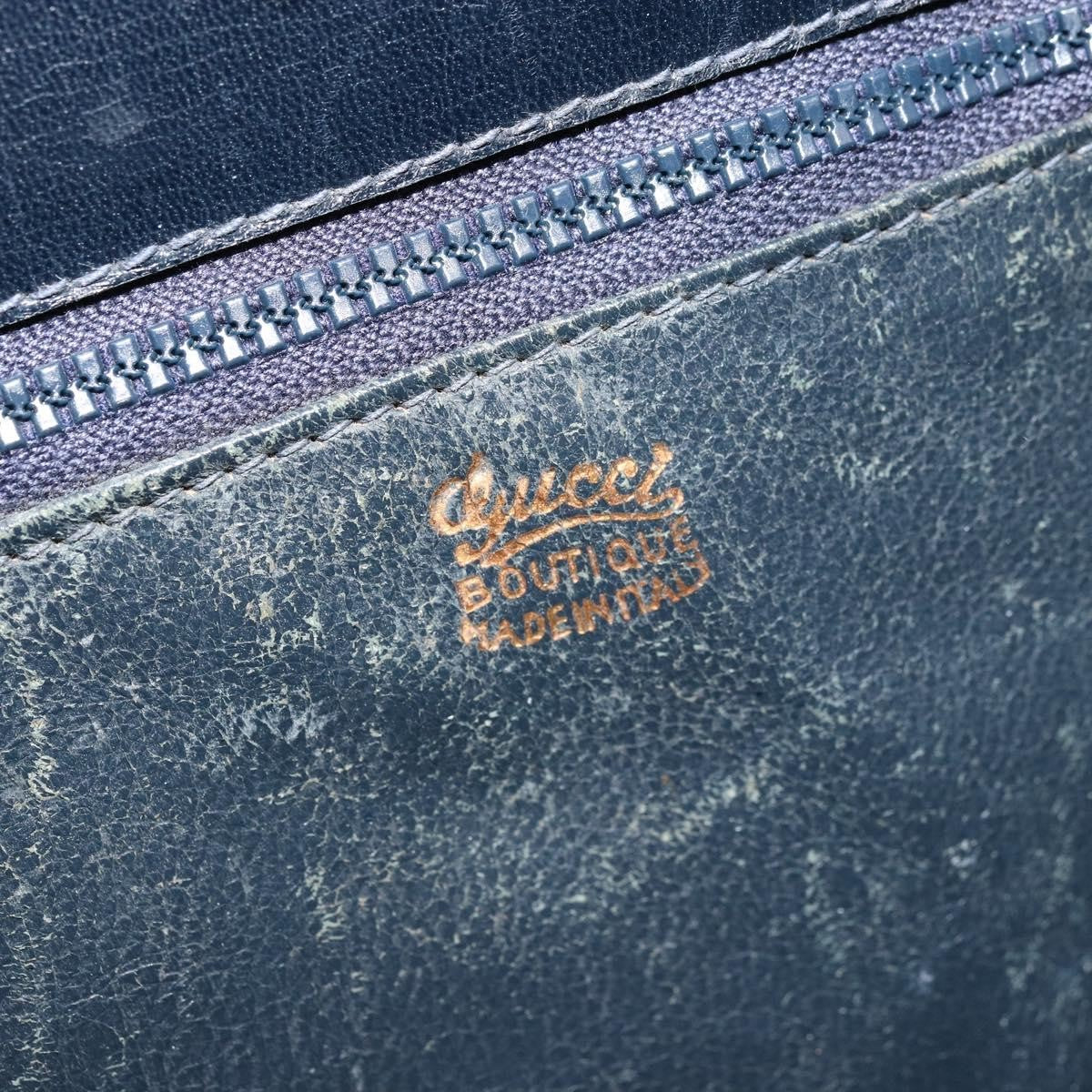 Gucci GUCCI Hand Bag Leather Navy Gold Authentic 177664