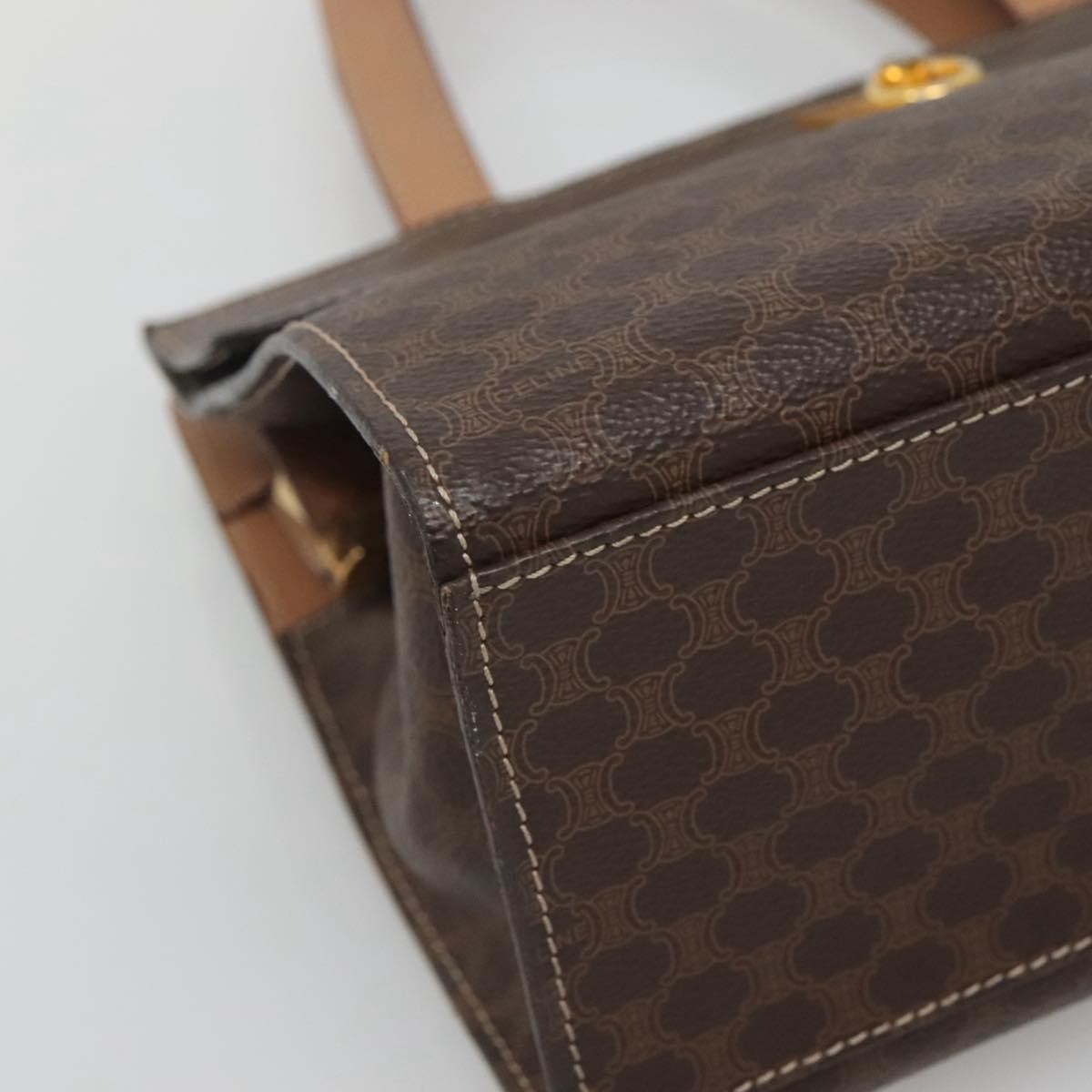 Celine CELINE Macadam Canvas Hand Bag PVC Leather 2way Brown Gold Authentic 123320