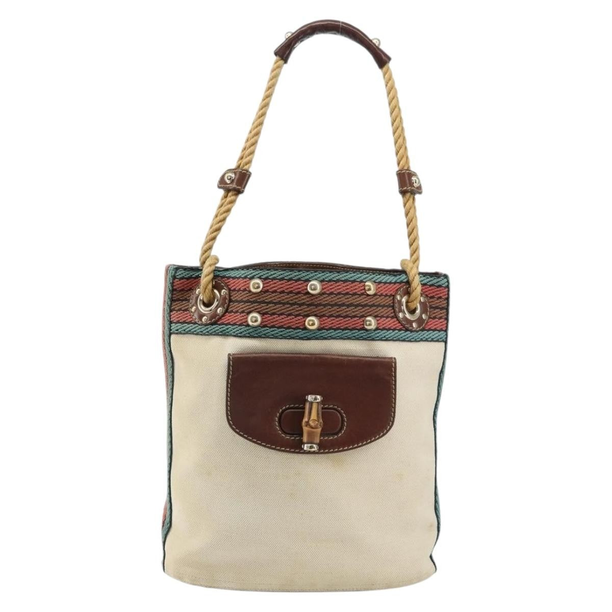 Gucci GUCCI Bamboo Shoulder Bag Canvas Beige Gold 141936 Authentic 156435