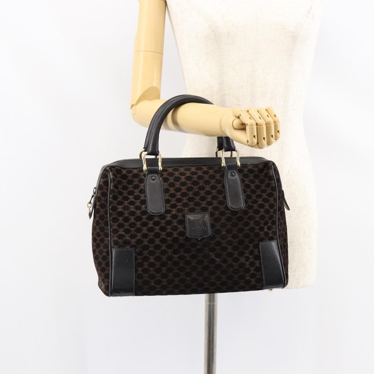 Celine CELINE Macadam Canvas Hand Bag Suede Black Gold Authentic ep11623