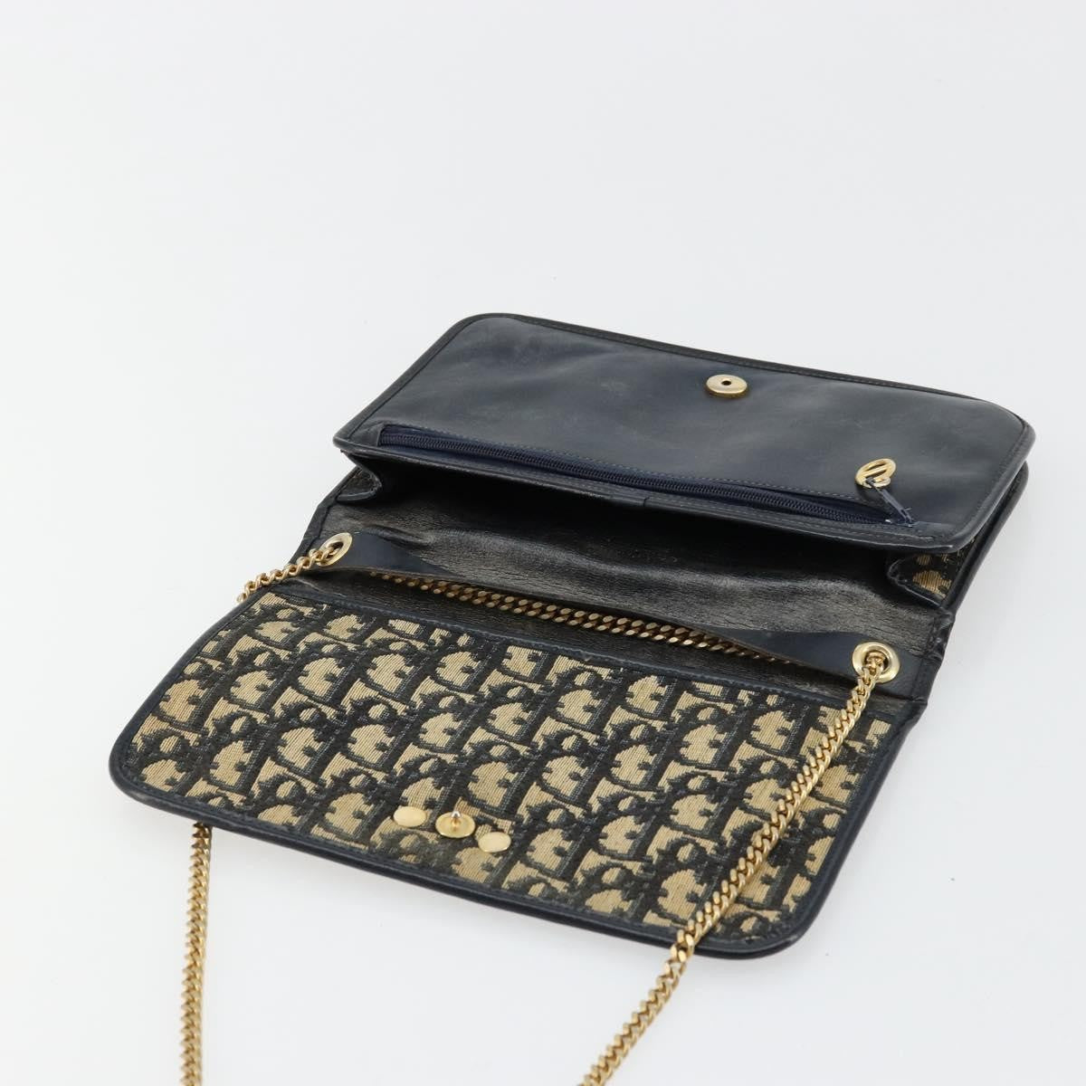 Dior Christian Dior Trotter Canvas Chain Shoulder Bag Navy Gold Authentic fm5340