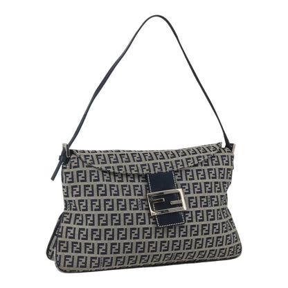 Fendi FENDI Zucchino Canvas Shoulder Bag Navy Silver Authentic 159737