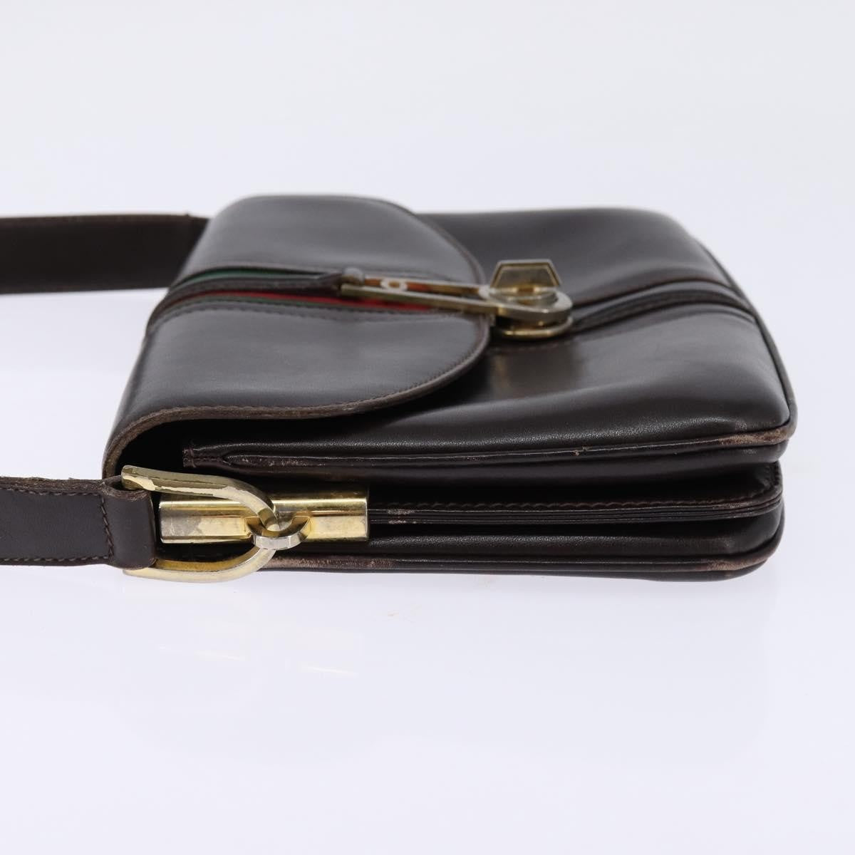 Gucci GUCCI Web Sherry Line Shoulder Bag Leather Dark Brown Gold Red Authentic ep11429