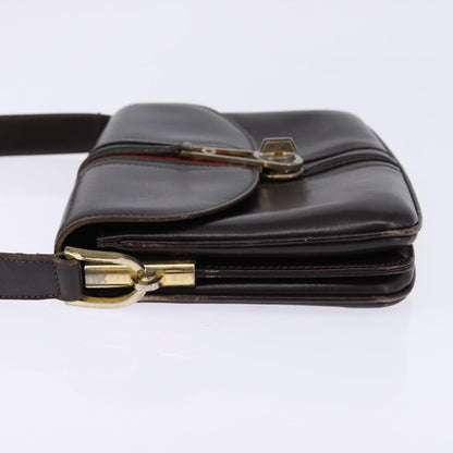 Gucci GUCCI Web Sherry Line Shoulder Bag Leather Dark Brown Gold Red Authentic ep11429