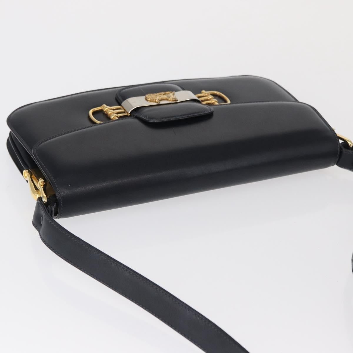 Celine CELINE Horse Carriage Shoulder Bag Leather Navy Gold Authentic 162409