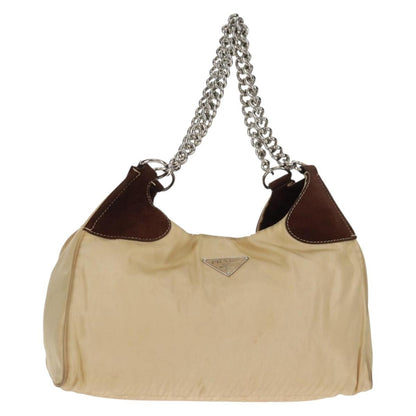 Prada PRADA Chain Shoulder Bag Nylon Beige Silver Authentic 160872